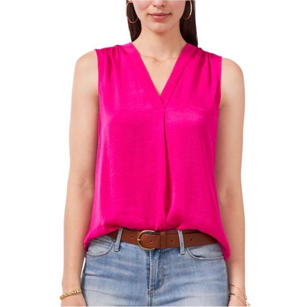 Vince Camuto‎ Merra Pleated V-Neck Sleeveless Blouse Bright Pink Office Chic - M